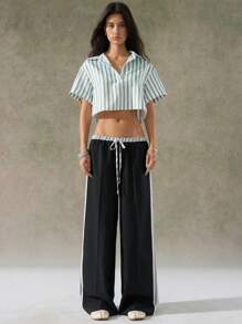 LYSMO Casual Commuter Super Oversized Wide-Leg Pants With Side Stripes And Waistband Details - Black - View 5