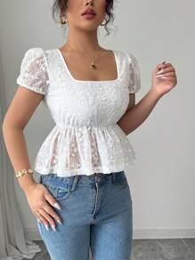 Chiquease Blusa de mujer de manga abullonada con cuello cuadrado, volantes y bordados, ideal para el verano y vacaciones - Blanco - Ver 4