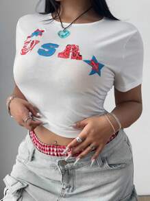 Flirla Plus Size Embroidered Short Sleeve Round Neck Slim Fit Casual T-Shirt, Summer