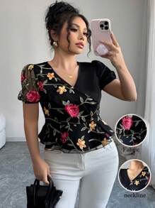 SHEIN PETITE 大码女式编织小V领撞色网眼优雅夏季衬衫 - 黑色 - 查看 1