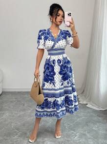 Elenzga Women's Vacation Blue & White Floral Puff Sleeve Cinched Waist Midi Dress, Spring/Summer - Blue and White - View 1