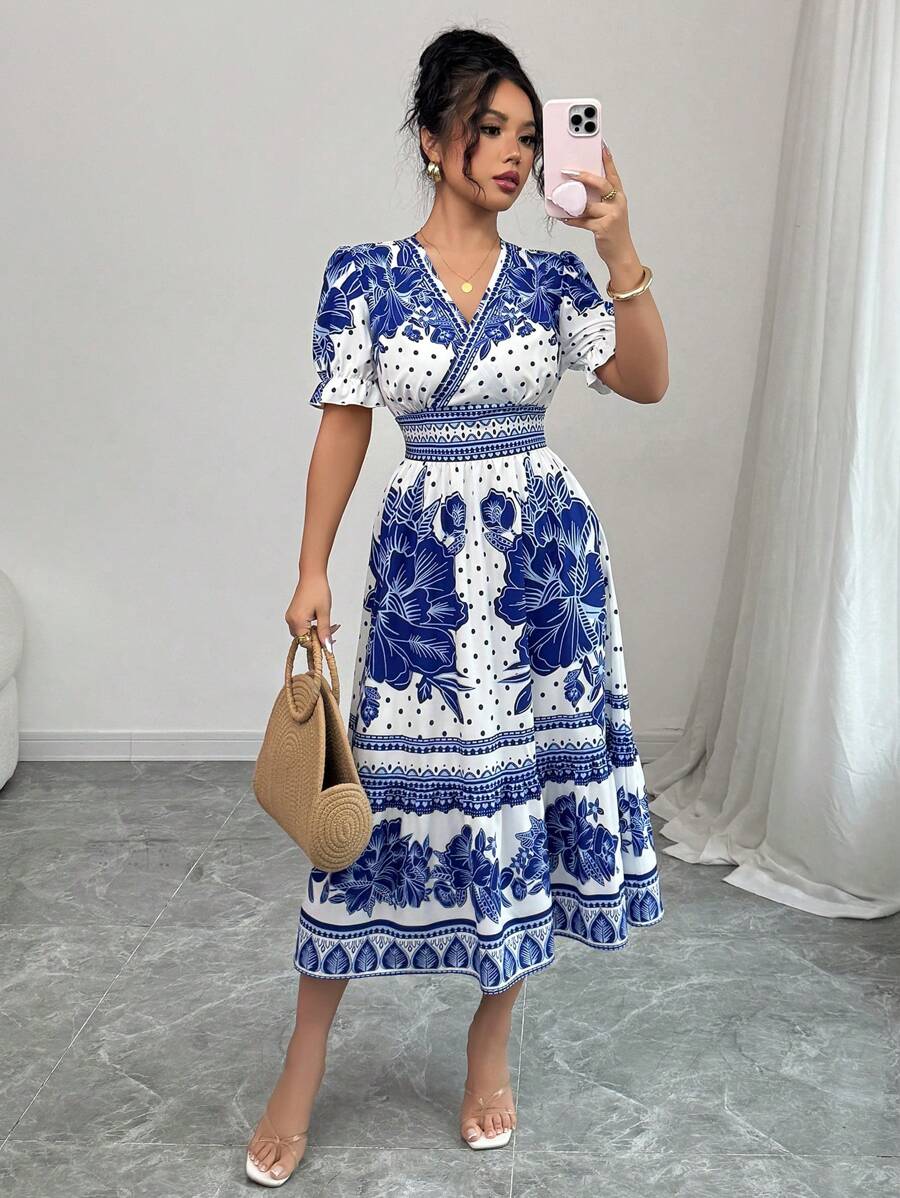 Elenzga Women's Vacation Blue & White Floral Puff Sleeve Cinched Waist Midi Dress, Spring/Summer - Blue and White - View 1