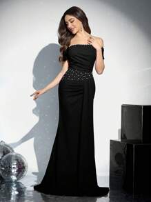 Coutiva Robe de soirée formelle avec épaules dénudées, perles artificielles et taille ornée, robe de fête, robe pour invité de mariage, robe de cérémonie