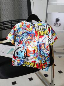 Cartoon Letter Print Round Neck Short Sleeve T-Shirt - White - View 2