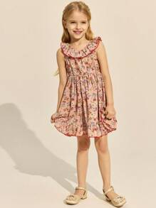 SHEIN Robe élégante à volants et imprimé rose en mousseline de soie pour jeunes filles, printemps/été - Multicolore - Voir 1