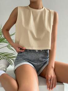 SHEIN Essnce 宽肩带休闲短款背心，简约时尚，适合夏季 - 米色 - 查看 6