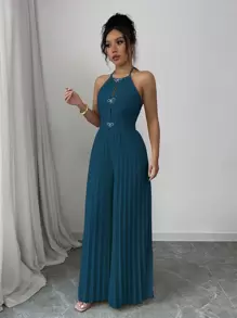 SHEIN Privé 优雅杏色挂脖系带前镂空金属水钻蝴蝶结褶皱阔腿女式连体裤 - 藍色 - 查看 3