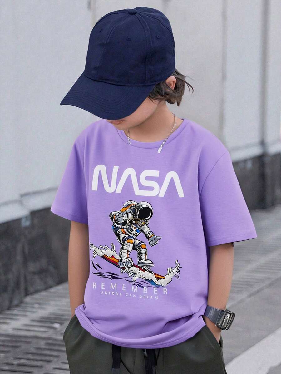SHEIN 青少年男孩宇航员和字母印花休闲针织 T 恤