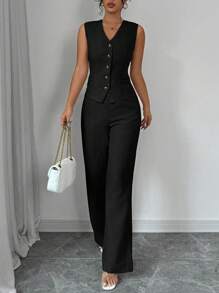 Elenzga Elegante Mode Damen Freizeitanzug mit ärmellosem V-Ausschnitt, taillierten Taille und geradem Bein, bestehend aus Weste und Hose