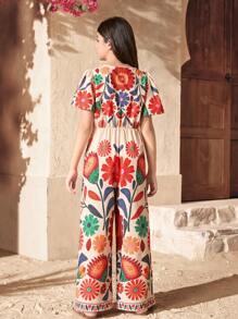 SHEIN Tween Girls' Comfortable Loose V-Neck Ruffled Sleeve Retro Pattern Jumpsuit, Casual & Simple - White - View 2