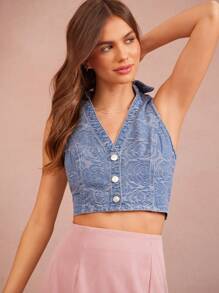 WESTFADE 春季同色系花卉领口纽扣前开襟无袖西部牛仔上衣夏季度假早午餐 - 中等水洗藍 - 查看 1