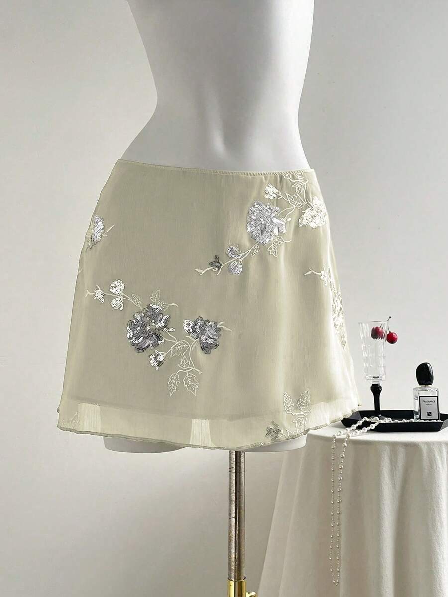 Elamini Váy ngắn thêu lưới mỏng gợi cảm kiểu phương Đông mới dành cho nữ - Màu be - Xem 1