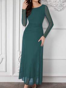 Modelyn 女士网眼长袖褶皱腰连衣裙酒红色长款女装 - 綠色 - 查看 1