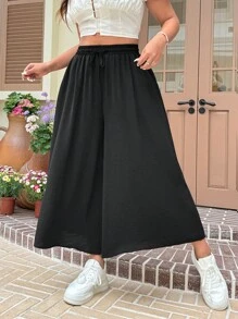 SHEIN EZwear Plus Size Capris For Women,Work,Solid Color Wide Leg Pants,Skorts For Women,Loose Business Casual Woman Straight Leg Trousers,Spring Summer Clothes