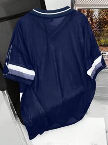 Aesthetic Post 男士 V 领字母印花短袖宽松休闲 T 恤 - 寶藍色 - 查看 2