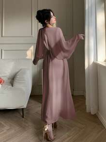 DAZY Women Chiffon Mid-Length Party Dress, Spring/Fall Elegant Long Sleeve Dress - Coral Pink - View 4