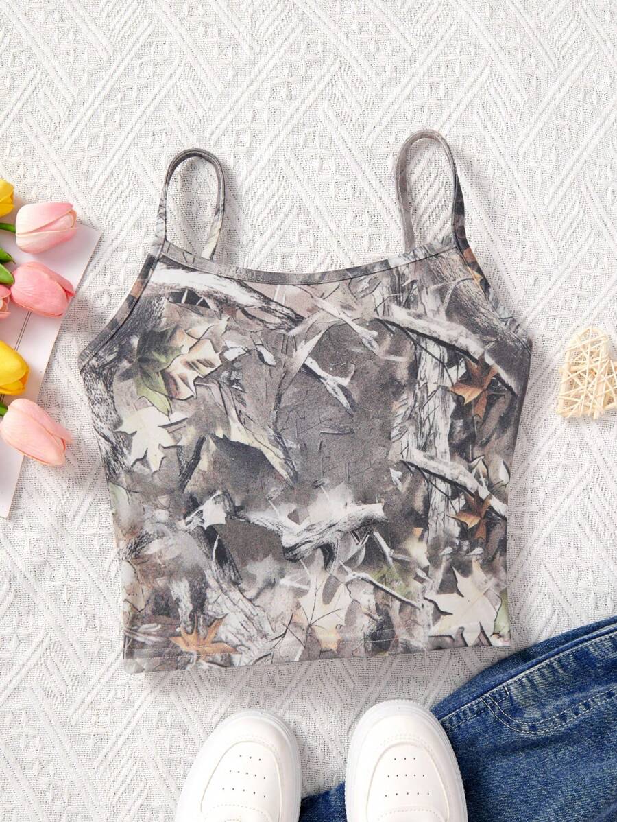 SHEIN 青少年女孩休闲街头风格针织树枝印花吊带背心上衣 - 灰色 - 查看 1