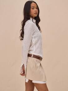 MUSERA Textured Button Through Collared Fitted Long Sleeve Extreme Cuff Shirt Spring  Cute Book Shop Holiday Fall Back To School Autumn