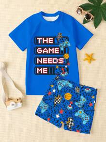 Tween Boys' Casual Cool Cute Game Controller Graphic Print Round Neck Short Sleeve T-Shirt & Shorts Swimsuit Set, Suitable For Summer - Multicolor - View 1