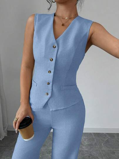 Selianne Women's Elegant And Fashionable Commuting Casual Sleeveless V-Neck Waist Tied Back Vest & Straight Leg Pants Suit, Solid Color