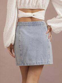 WESTFADE 春季混色花卉刺绣高腰开衩A字迷你裙夏季沙滩度假休闲可爱牛仔短裙 - 淺色水洗藍 - 查看 5