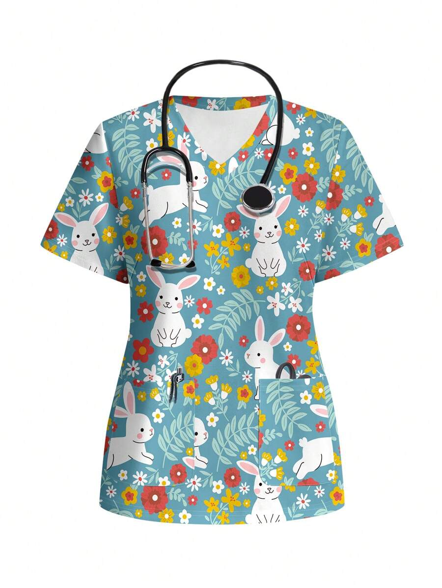 PopScrub Easter Cartoon Floral Green Leaf Motif Casual V-Neck Blouse Top, Scrub Uniform - White - View 1