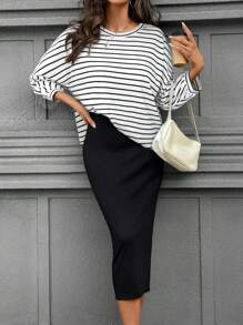 SHEIN LUNE 2pcs/Set Women Casual Striped Clothing: Long Sleeve Top & Skirt, Suitable For Daily Wear, Autumn/Winter - White - View 6