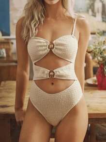 Swim Mod Women's Solid Color Seashell Patchwork Spaghetti Strap Bandeau Backless Sexy One Piece Swimsuit, Festival Boho Style For Summer Beach Vacation - Beige - View 1
