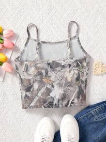 SHEIN 青少年女孩休闲街头风格针织树枝印花吊带背心上衣 - 灰色 - 查看 2