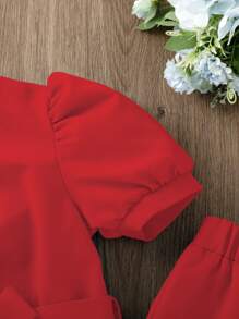 Jong meisje 2 stuks/set effen kleur pofmouw knoop taille shirt en broek outfit