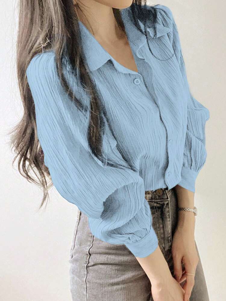 Women's Pleated Solid Color Loose Collar Blouse, White, Spring/Summer/Autumn,Fall Women Clothes Long Sleeve Top