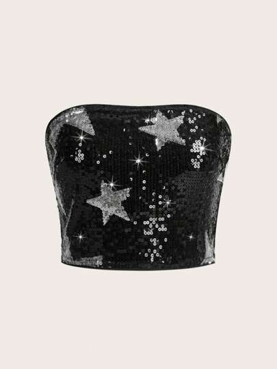 SHEIN ICON Top tubo de mujer con contraste de color, cuentas y lentejuelas brillantes para club de moda