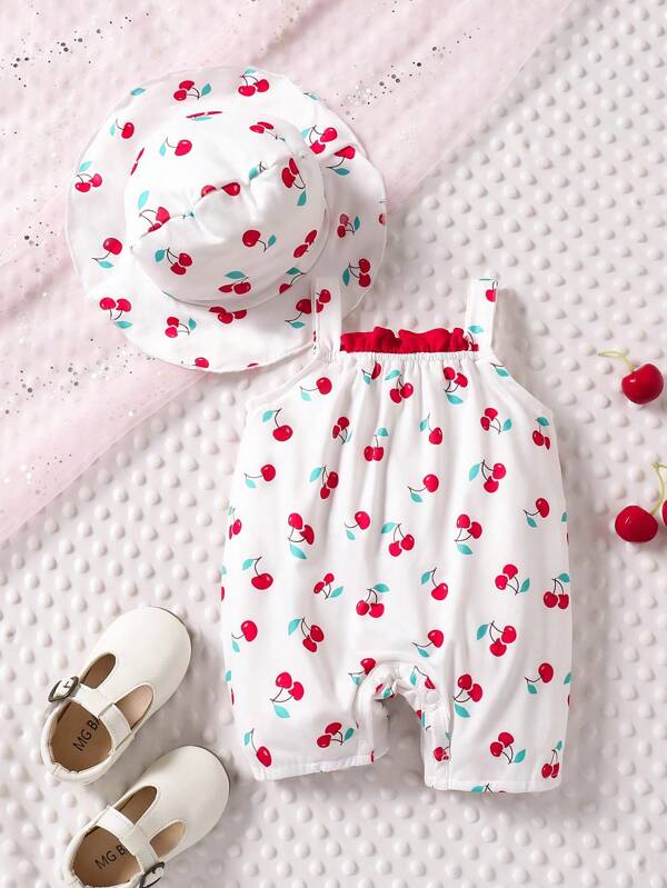 SHEIN Tuta casual estiva da bambina con stampa di ciliegie