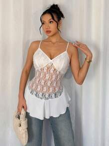 Elenzga Women's Lace Splicing Sheer Camisole - White - View 3