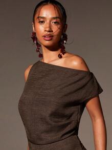 Athîral Summer Fashionable Solid Color Asymmetric Neck Side Split Mini Dress - Coffee Brown - View 5