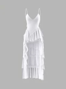 Sweetina Women's Solid Color Fashionable Sling Mesh Asymmetrical Dress - White - View 6