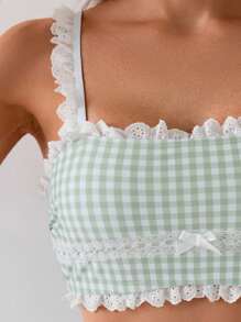 2 件套女士绿色格子随机花卉印花蝴蝶结领荷叶边下摆上衣和短裤套装，可爱简约背心比基尼套装，适合日常穿着 - 彩色 - 查看 3