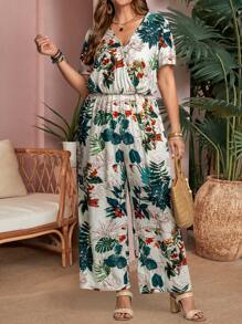 EMERY ROSE Plus Size Tropical Print Casual Jumpsuit - Multicolor - View 7