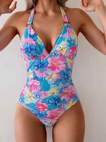 SHEIN Swim Popular Tropical Floral Print Backless One-Piece Swimsuit For Beach Holiday, Sexy Slimming Waist Party Swimwear - Multicolor - View 1