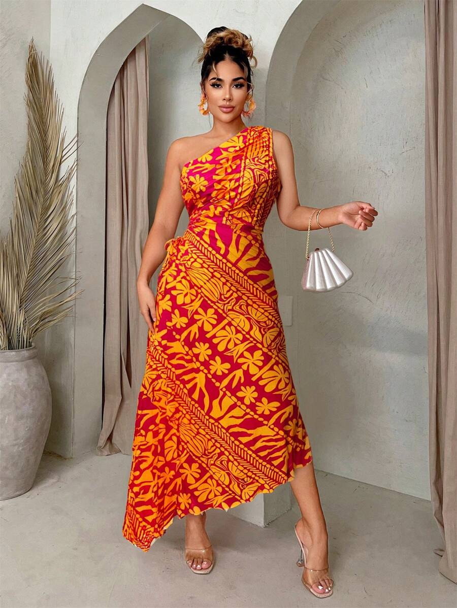 SHEIN SXY Vestido bohemio con estampado floral rosa y naranja, diseño con recorte en la cintura y cordón, bajo asimétrico, perfecto para fiestas, vacaciones, días festivos y uso diario - Multicolor - Ver 1