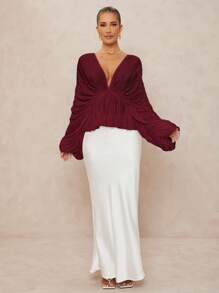 Lumalex Deep V-Neck Loose Blouse With Oversized Ruffle Sleeves And Flared Hem For Women - Burgundy - View 6