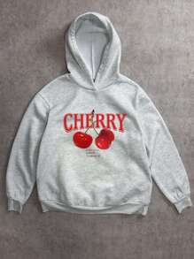Attitoon 2pcs Casual Cherry Print Loose Cropped Hoodie And Sweatshirt Set Back To School Autumn And Winter - Grey - View 4
