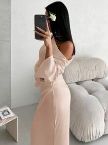 Aloruh Light Pink Elegant Satin Asymmetric Ruched Flare Long Dress With Cinched Waist, Suitable For Valentine's Day,Pastel Dresses For Women - Khaki - View 4