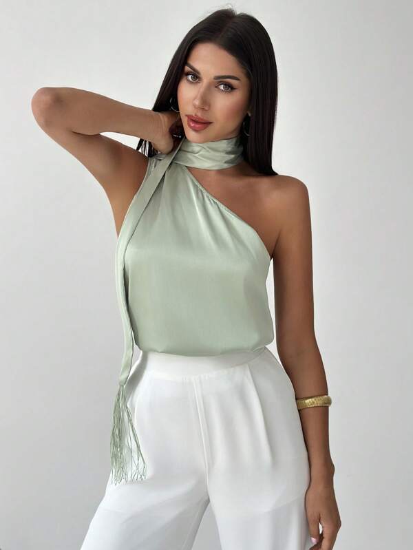 Firerie Shoulder Tie Satin Green Satin Commuter Shirt, New For Valentine's Day, Wedding, St. Patrick's Day, Spring/Summer Concert Rave Outfit Women,Graduation,Teacher Outfits For Women,Back To School
