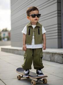 SHEIN 3pcs Baby Kids Letter Print Knit Soft Round Neck Tee Shirt, Elastic Waist Pants And Sleeveless Vest Set