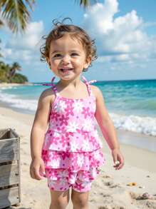 女宝宝可爱花卉印花荷叶边分体泳衣套装 - 粉色 - 查看 1