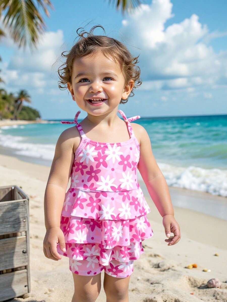 女宝宝可爱花卉印花荷叶边分体泳衣套装 - 粉色 - 查看 1