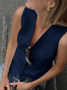 INAWLY Women's Solid Color Single-Breasted V-Neck Casual Vest Jacket - Blue - View 3