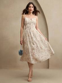 Anewsta Damen elegantes Kleid mit Blumen- und Schmetterlingsprint, Bindung in der Taille, sommerliche Brunch-Outfits für Festivals - Aprikosenfarben - Übersicht 7