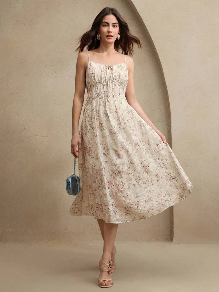 Women's Elegant Floral Bow Print Tie Waist Dress, Summer Brunch Outfits Festival